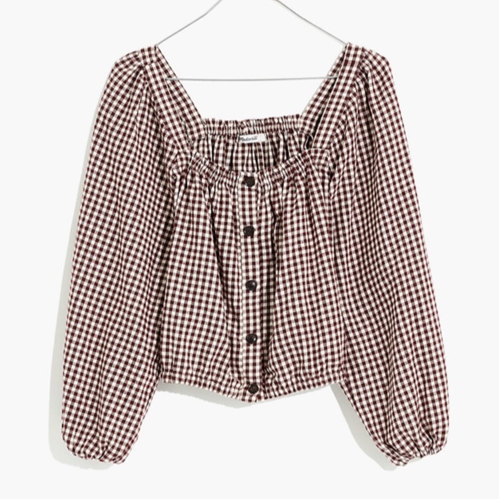 Madewell NWT Puff Sleeve Button-Front Crop Top in Plaid